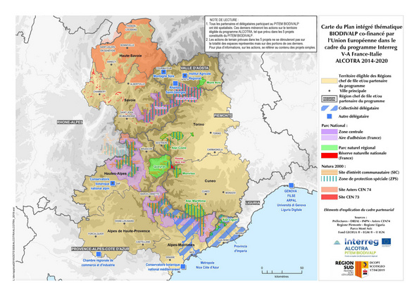 Cartes du Massif des Alpes Occidentales croisant le territoire du programme européen ALCOTRA, la localisation des partenaires et des activités menées (source : Région Sud)