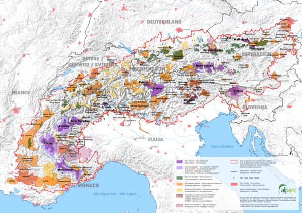 Carte de l’Arc Alpin et des espaces protégés (source : Alparc)